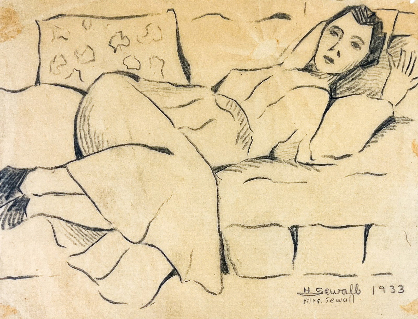 Howard Sewall "Mrs. Sewall" 1933 Graphite on Paper: Howard Sewall (1899-1975 Oregon) "Mrs. Sewall" 1933 Graphite on Paper 5"x6.5" Image 15.5"x13" Framed. Signed lower right. Excellent condition, not examined outside of framing.