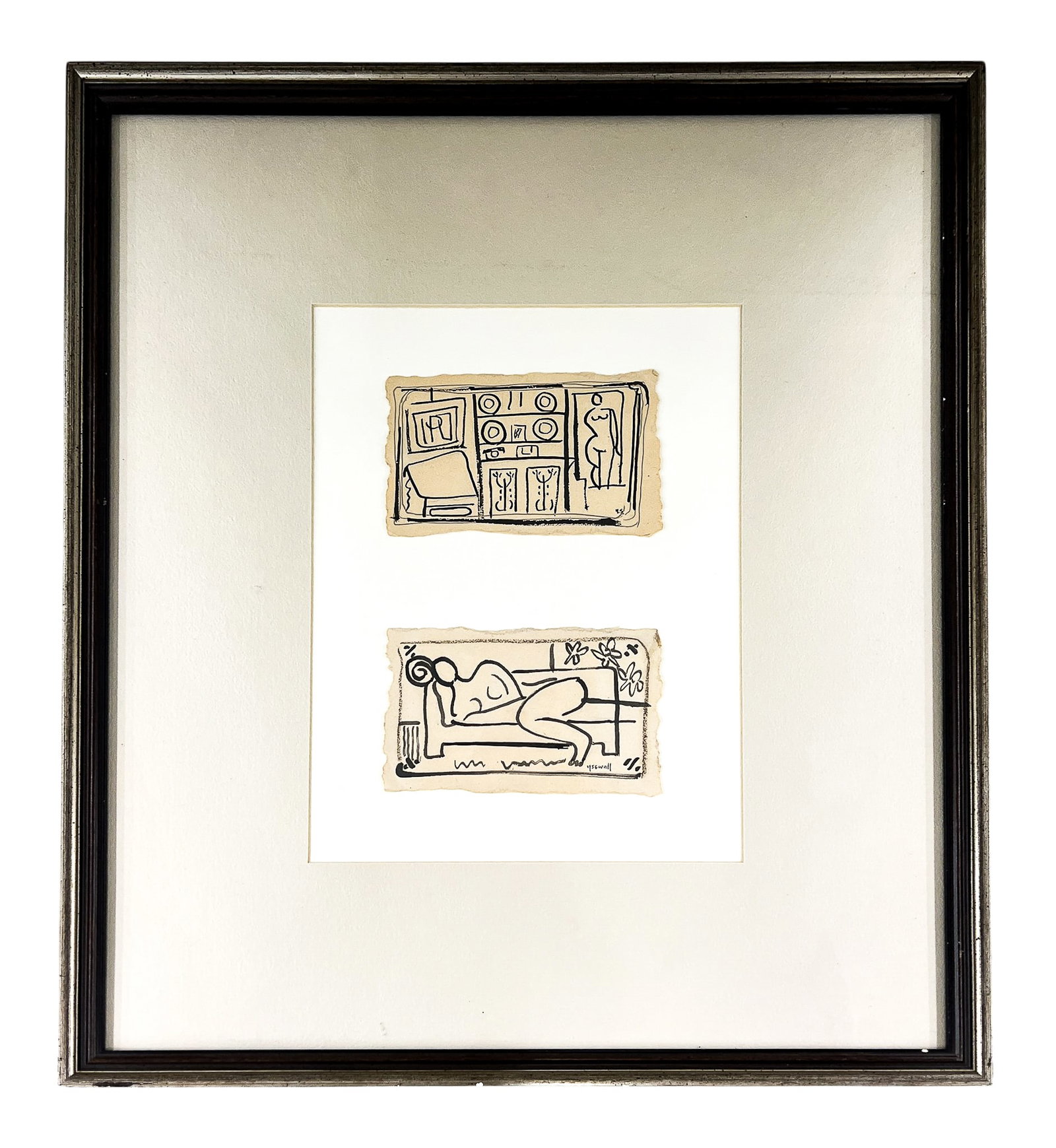 Howard Sewall "Reclining and Interior Nudes" Ink & Graphite on Paper Diptych: Howard Sewall (1899-1975 Oregon) "Reclining and Interior Nudes" Ink & Graphite on Paper Diptych 22.5"x19" Framed. Signed lower right. Excellent condition, not examined outside of framing.
