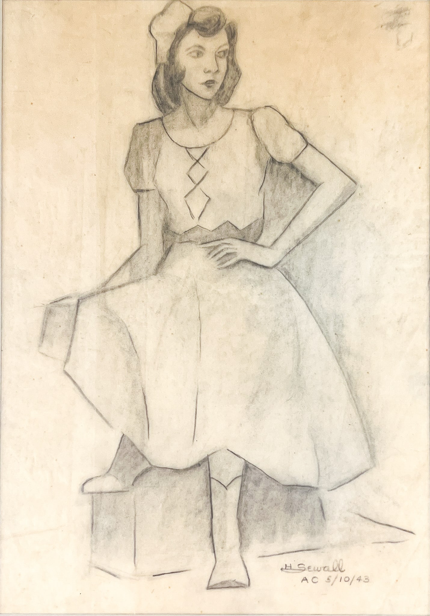 Howard Sewall "Woman in Dress" 1943 Graphite on Paper: Howard Sewall (1899-1975 Oregon) "Woman in Dress" 1943 Graphite on Paper 11.5"x8" Image 21"x18" Framed. Signed lower right. Excellent condition, not examined outside of framing.