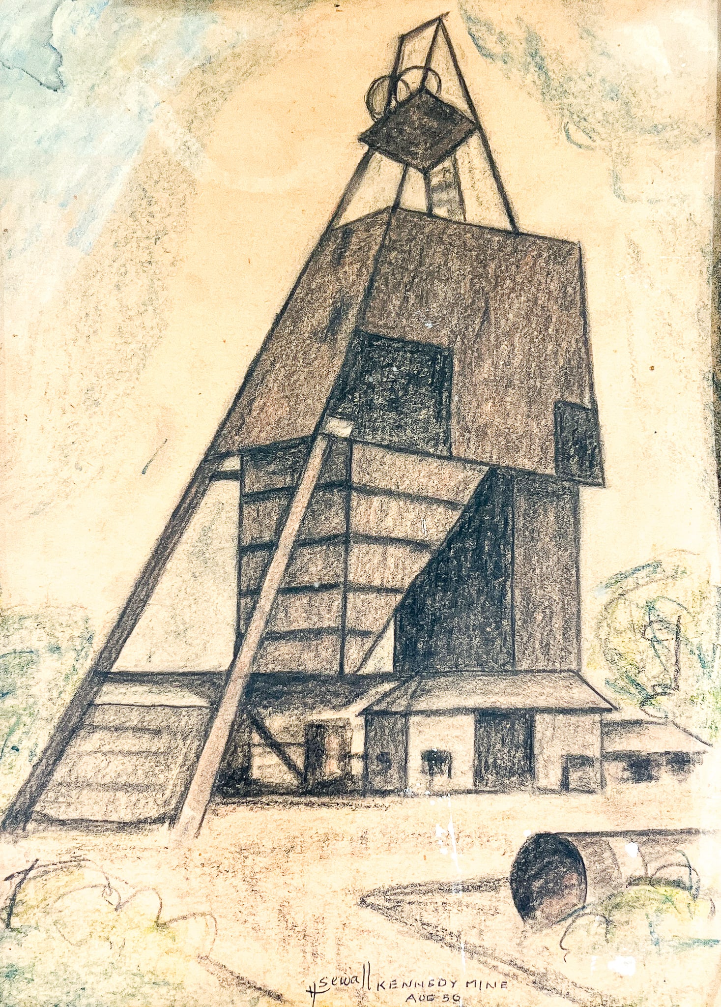 Howard Sewall "Kennedy Mine" 1956 Pastel on Paper: Howard Sewall (1899-1975 Oregon) "Kennedy Mine" 1956 Pastel on Paper 12"x8.5" Image 24"x20" Framed. Signed lower center. Excellent condition, not examined outside of framing.