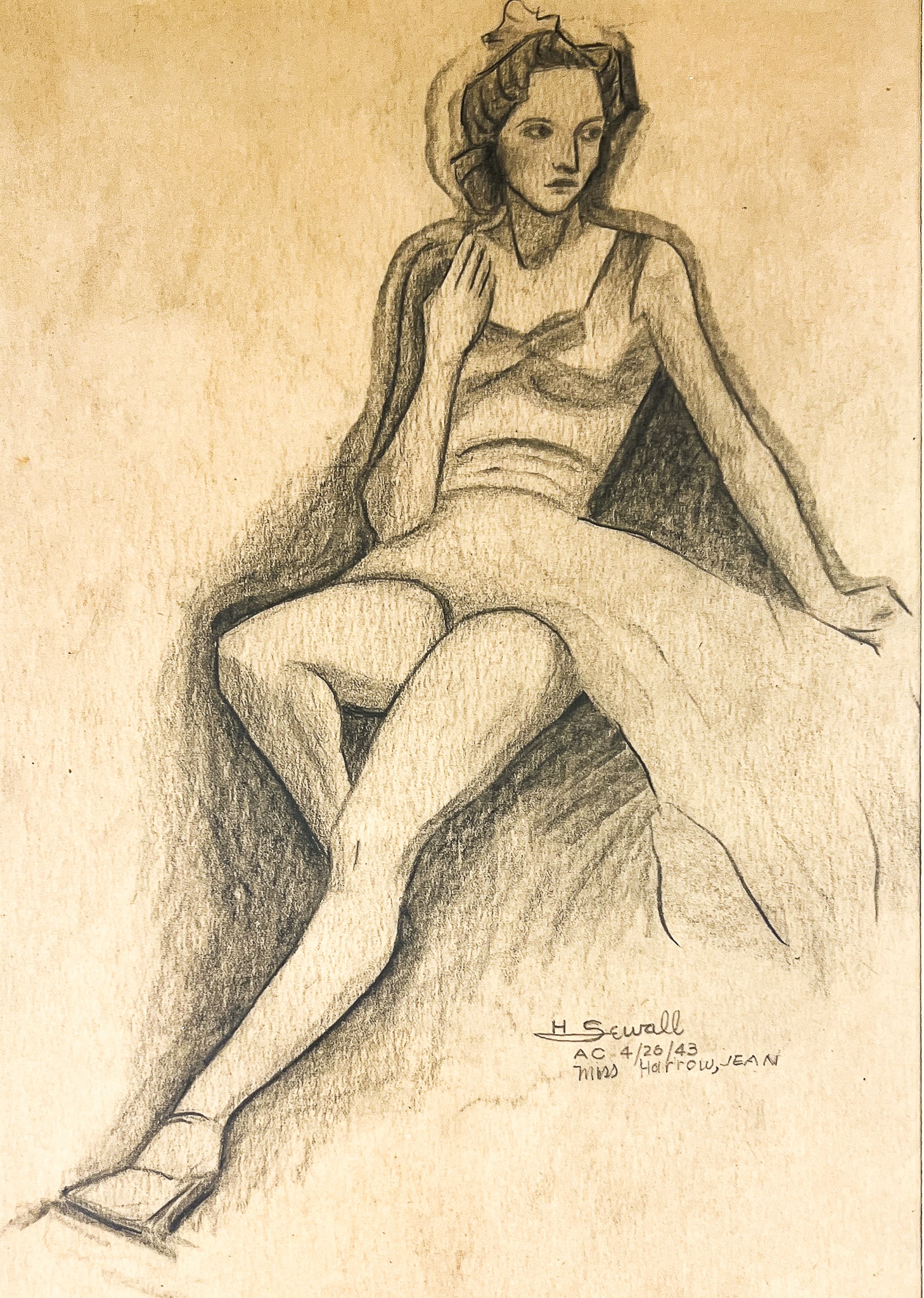 Howard Sewall "Jean Harrow" 1943 Graphite on Paper: Howard Sewall (1899-1975 Oregon) "Jean Harrow" 1943 Graphite on Paper 12"x8" Image 23"x19" Framed. Signed lower right. Excellent condition, not examined outside of framing.