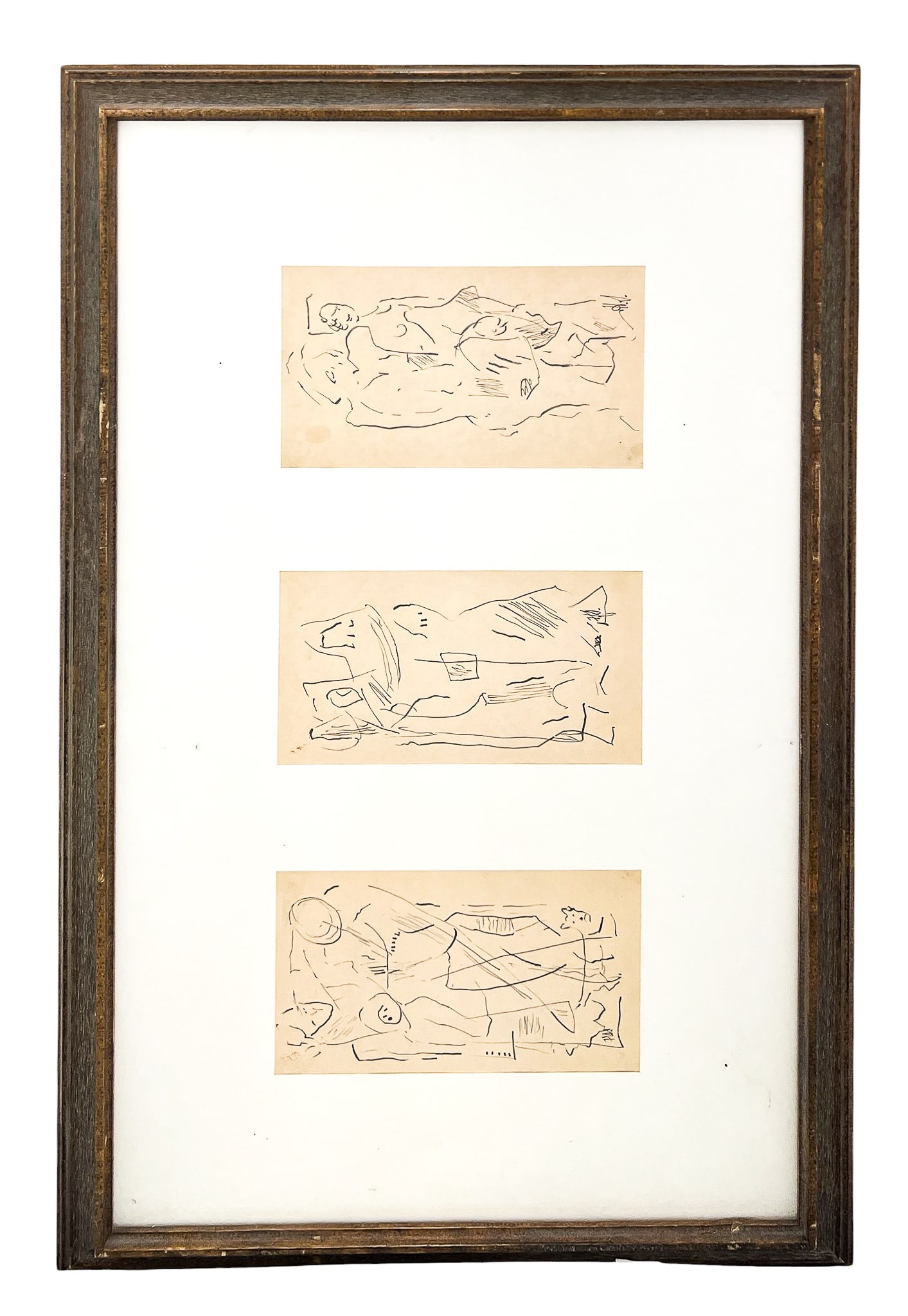 Howard Sewall "People in the City" Ink on Paper Triptych: Howard Sewall (1899-1975 Oregon) "People in the City" Ink on Paper Triptych 19"x31" Framed. Initialed lower right. Excellent condition, not examined outside of framing.