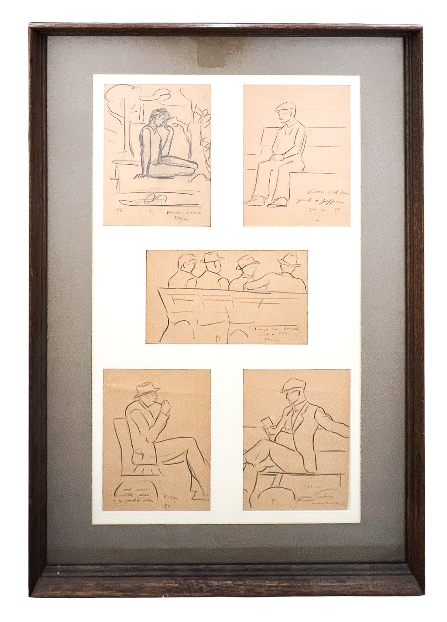 Howard Sewall "Park Figures" 1940 Graphite on Paper Pentaptych: Howard Sewall (1899-1975 Oregon) "Park Figures" 1940 Graphite on Paper Pentaptych 33"x20" Framed. Initialed. Excellent condition, not examined outside of framing.