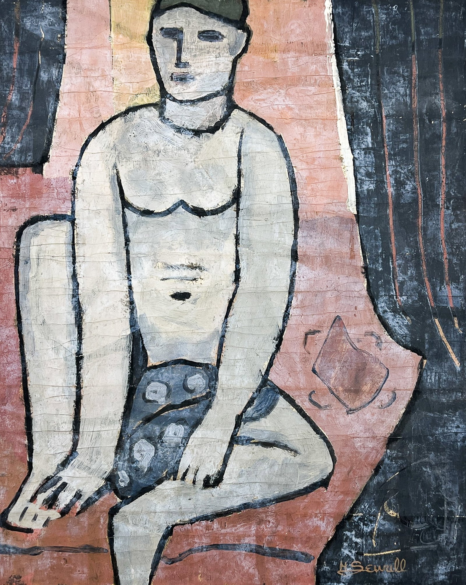 Howard Sewall "Male Nude" Oil on Unstretched Canvas: Howard Sewall (1899-1975 Oregon) "Male Nude" Oil on Unstretched Canvas 17"x13.5" Sheet. Loose, unframed. Signed lower right. Includes image on verso. Creases throughout.