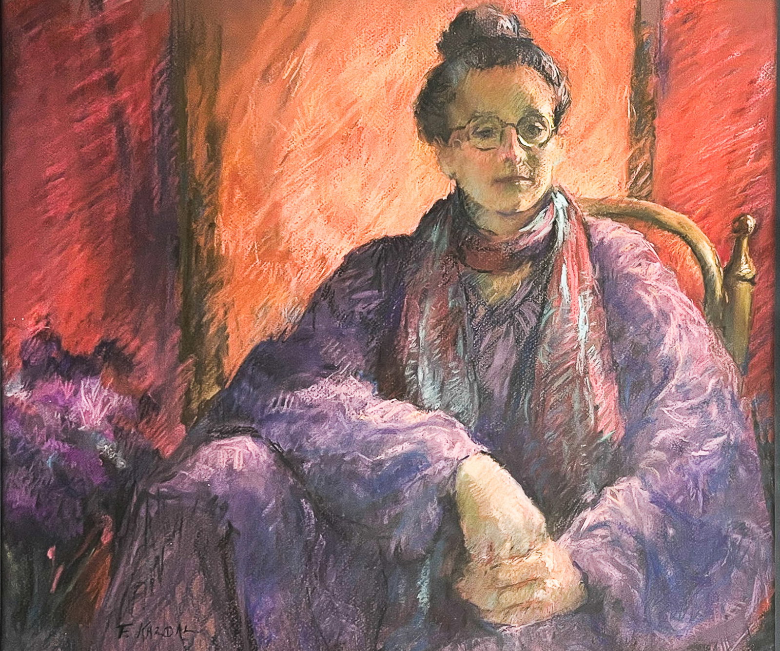 F. Kazdal "Purple Gaze" Oil Pastel on Paper: F. Kazdal (20th/21st Cent. American) "Purple Gaze" Oil Pastel on Paper 18"x21" Image 26"x29" Framed. Signed lower left. Excellent condition, not examined outside of framing.
