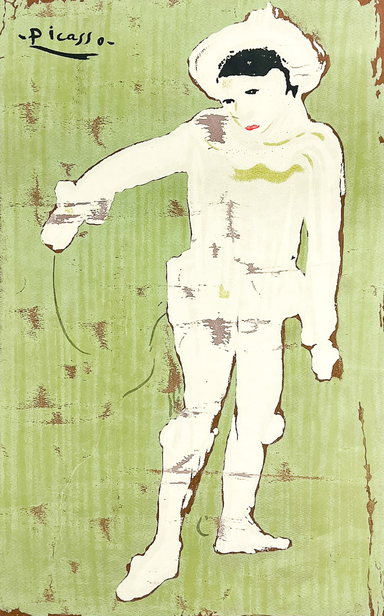After Pablo Picasso "Le Petit Pierrot" Screen Print: After Pablo Picasso (1881-1973 Spanish) "Le Petit Pierrot" Screen Print 25.5"x20" Sheet. Loose, unframed. Crease lines, pinholes.