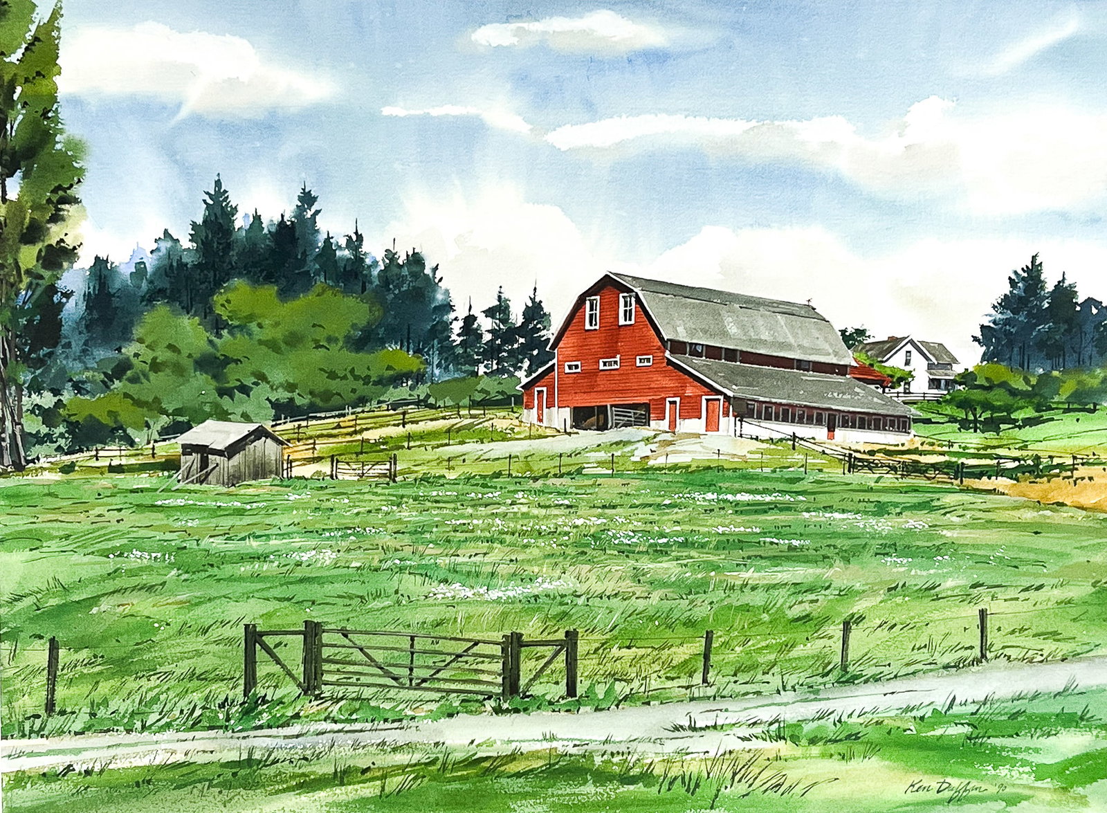 Ken Duffin "Red Barn" 1990 Watercolor on Paper (1 of 2)