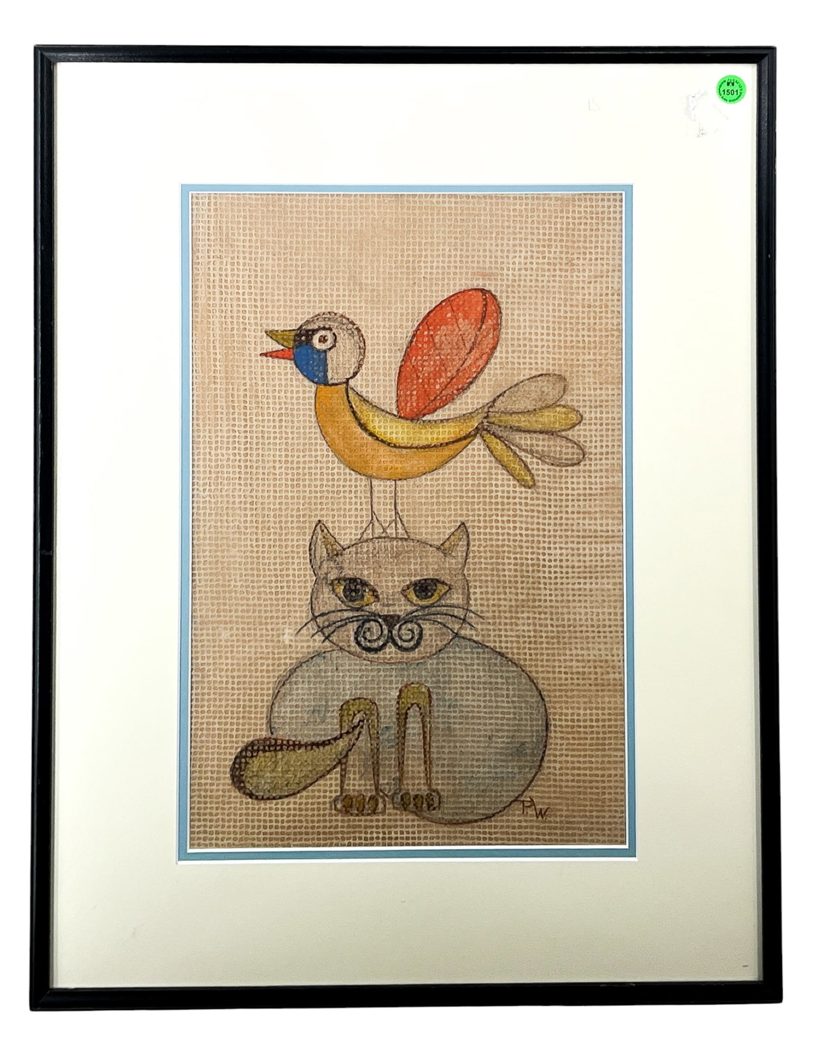 Artist Unknown "Cat & Bird" Acrylic on Textured Paper - 2