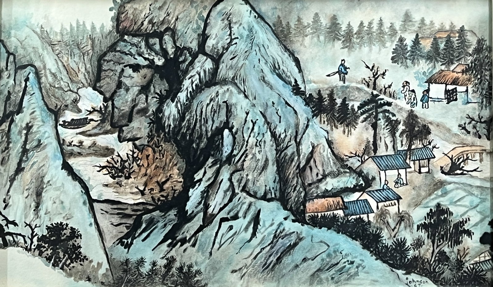 Artist Unknown "Blue Mountains" 1967 Ink & Watercolor on Paper: Artist Unknown "Blue Mountains" 1967 Ink & Watercolor on Paper 9.5"x16.5" Image 17.5"x24.5" Framed. Signed "Johnson" lower right. Excellent condition, not examined outside of framing.