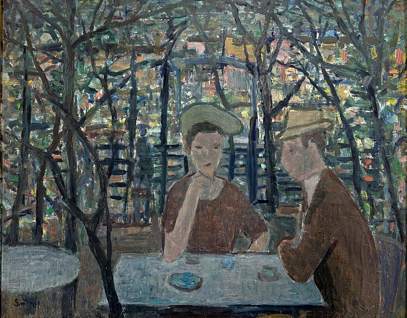 Torger Saether "Cafe" Oil on Board: Torger Saether (1902-1964 Norwegian) "Cafe" Oil on Board 13.5"x16.5" Image 17"x20" Framed. Signed lower left. Excellent condition, not examined outside of framing.