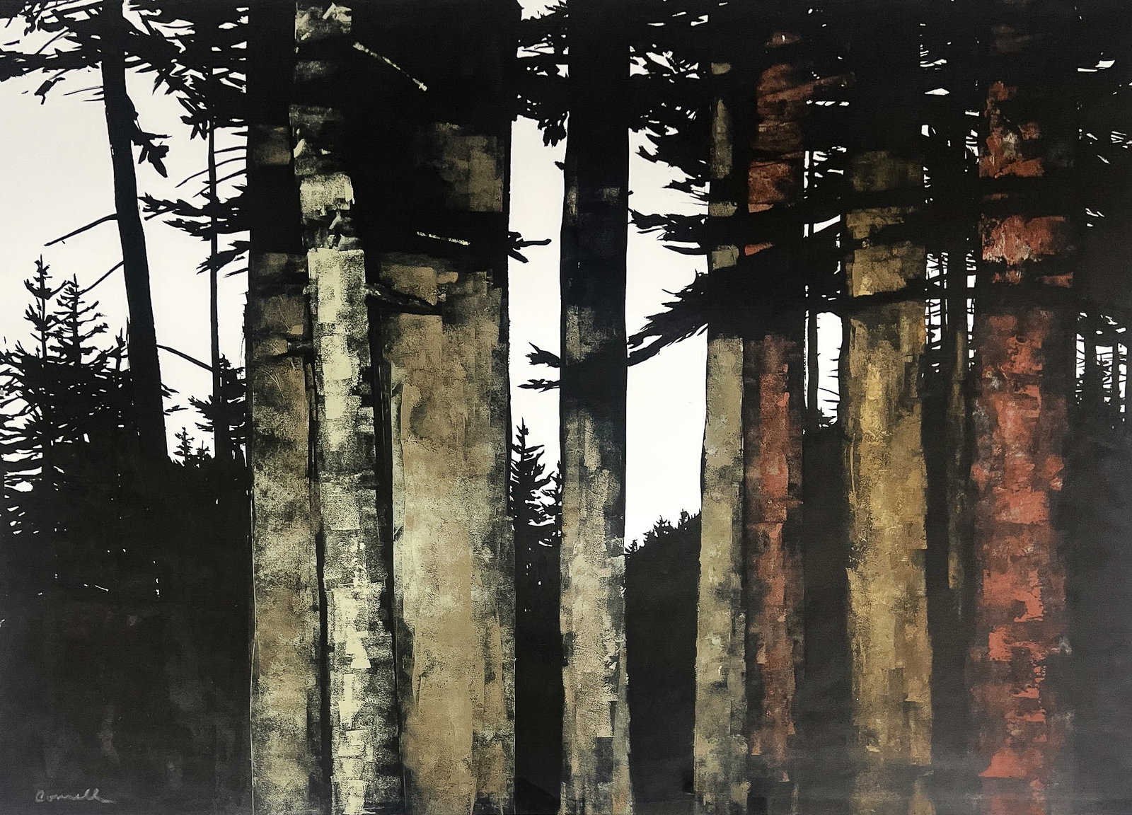 Robert Connell "Cutting the Forest" Sumi Ink & Gouache on Paper: Robert Connell (20th/21st Cent. American) "Cutting the Forest" Sumi Ink & Gouache on Paper 21.5"x29" Image 29"x37" Framed. Signed lower left. Excellent condition, not examined outside of framing.