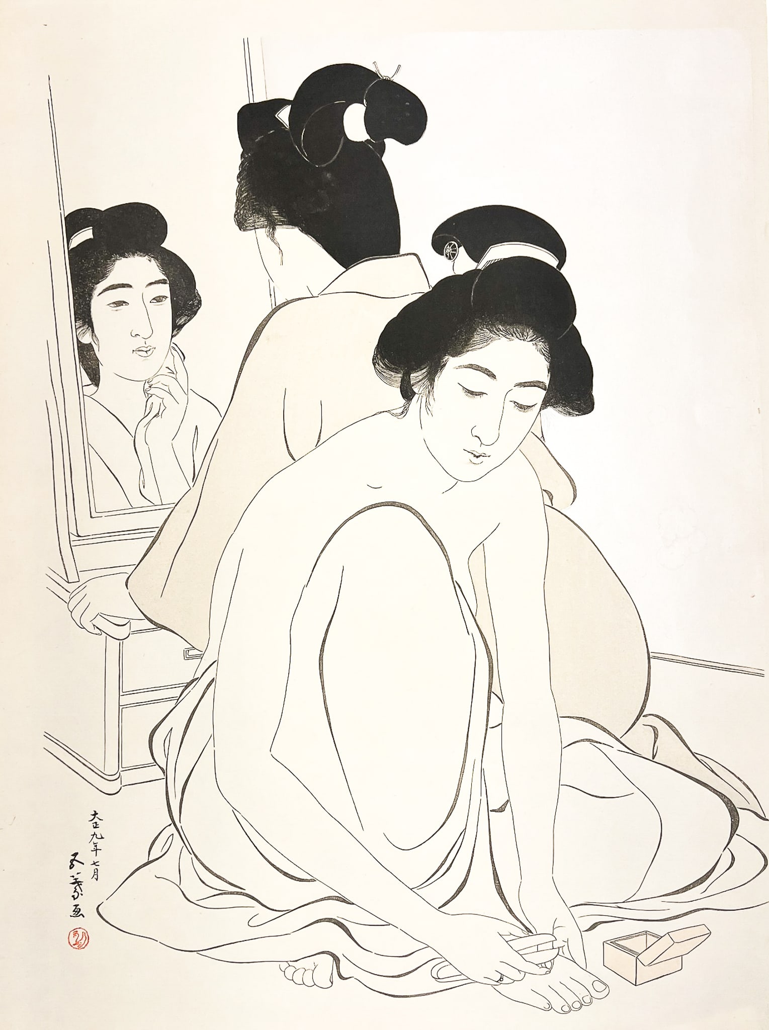 Goyo Hashiguchi "Two Women After Bath" 1920 Woodblock Print: Goyo Hashiguchi (1880-1921 Japanese) "Two Women After Bath" 1920 Woodblock Print 21"x16" Sheet. Loose, unframed. Excellent condition.