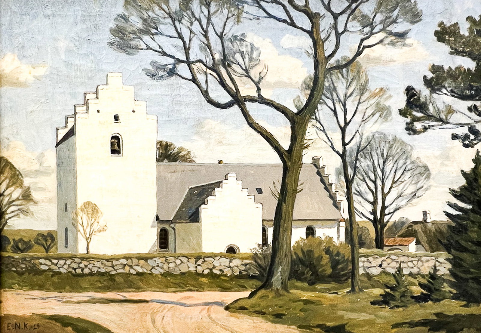Artist Unknown "Spanish Mission Church" 1929 Oil on Canvas: Artist Unknown "Spanish Mission Church" 1929 Oil on Canvas 24"x34" Image 30.5"x40" Framed. Initialed "ENK" lower left. Excellent condition, not examined outside of framing.