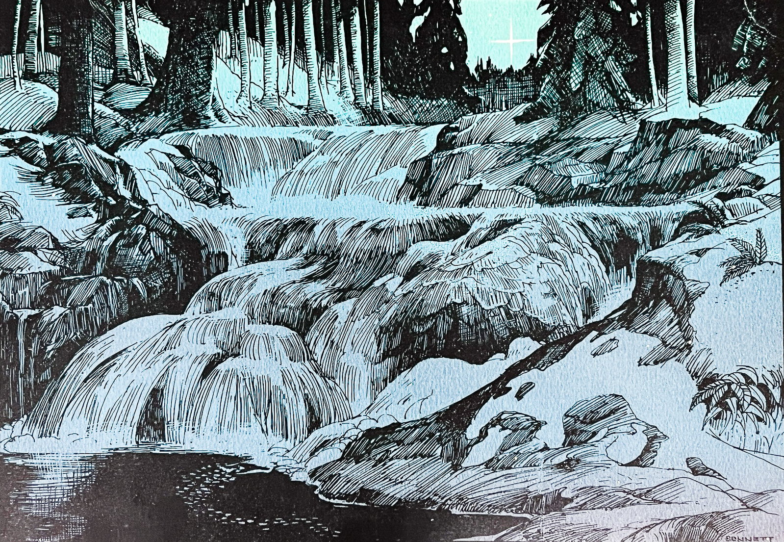Elton Bennett "Deep Creek Falls" Serigraph: Elton Bennett (1910-1974 Washington) "Deep Creek Falls" Serigraph 10.5"x13.25" Framed. Plate signed lower right. Excellent condition, not examined outside of framing.