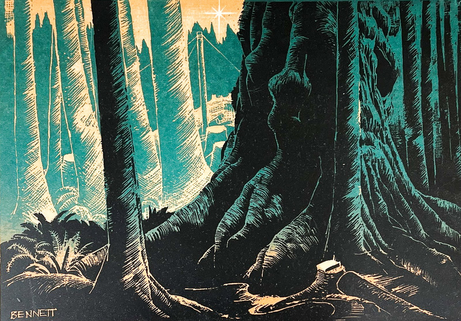 Elton Bennett "Star Through the Trunks" Serigraph: Elton Bennett (1910-1974 Washington) "Star Through the Trunks" Serigraph 10"x12.75" Framed. Plate signed lower left. Excellent condition, not examined outside of framing.