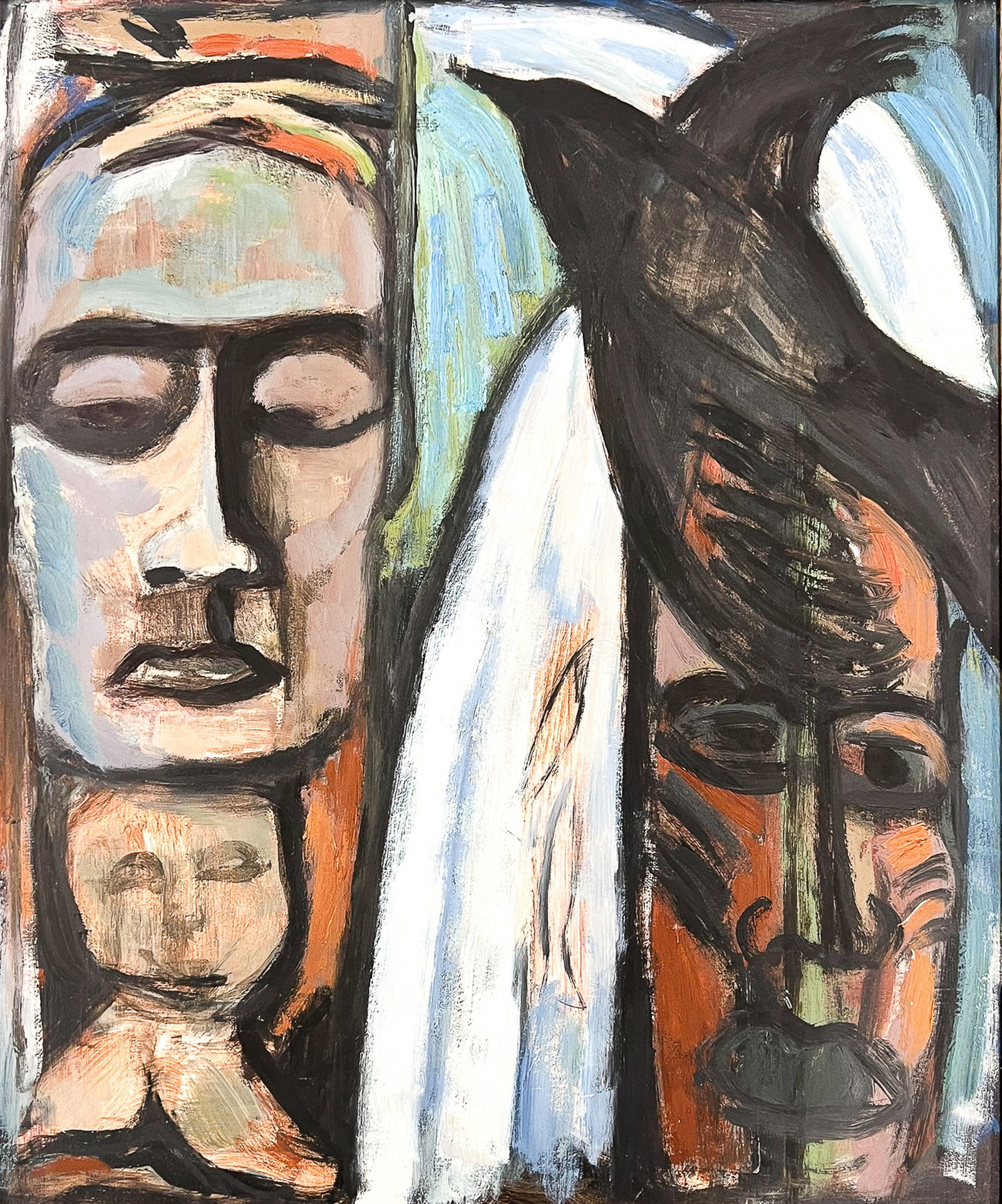 John Cole "Raven & Faces" Oil on Board: John Cole (1937-2007 Washington) "Raven & Faces" Oil on Board 23.5"x19.5" Image 26"x22" Framed. Signed on verso. Excellent condition, not examined outside of framing.