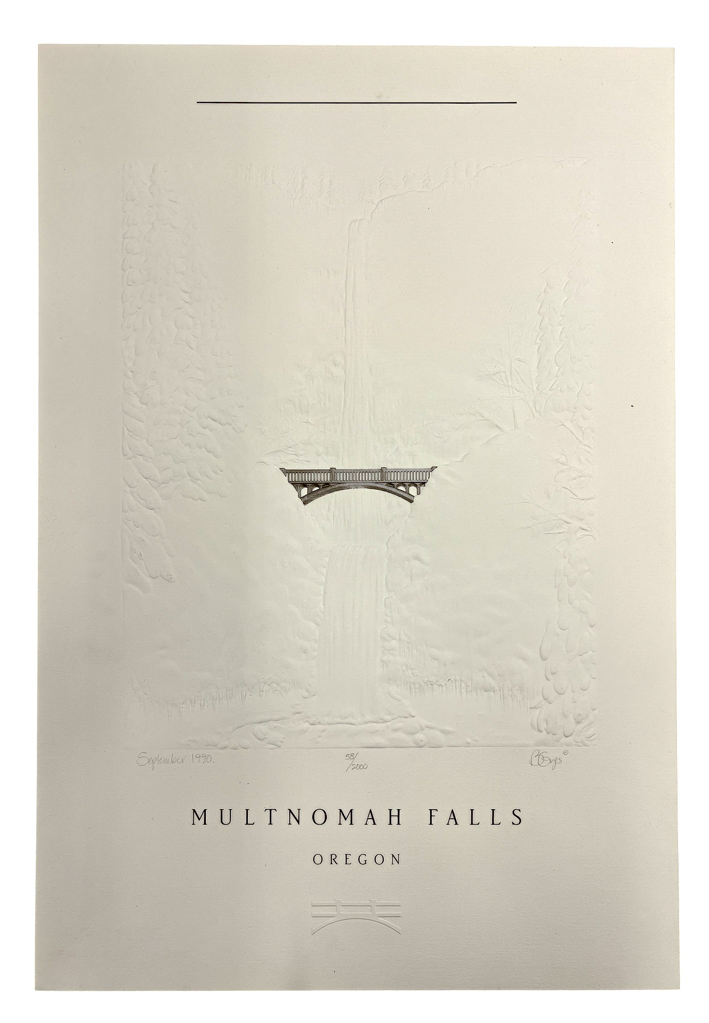 Becky Gyes "Multnomah Falls, Oregon" 1990 Embossed Print - 2