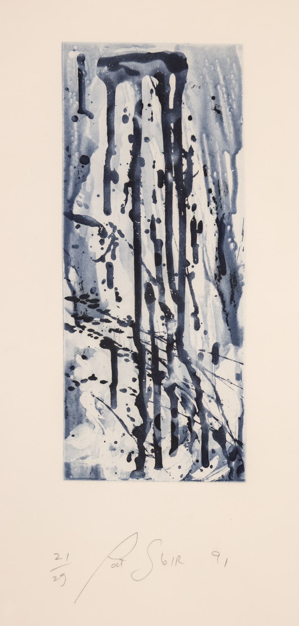 Pat Steir "Narrow Waterfall" 1991 Aquatint Etching: Pat Steir (b.1940 American) "Narrow Waterfall" 1991 Soapground, Sugarlift and Spit Bite Aquatint on Somerset Textured Paper 10.75"x4.5" Impression. Pencil signed and numbered 21 of 25 edition lower ma
