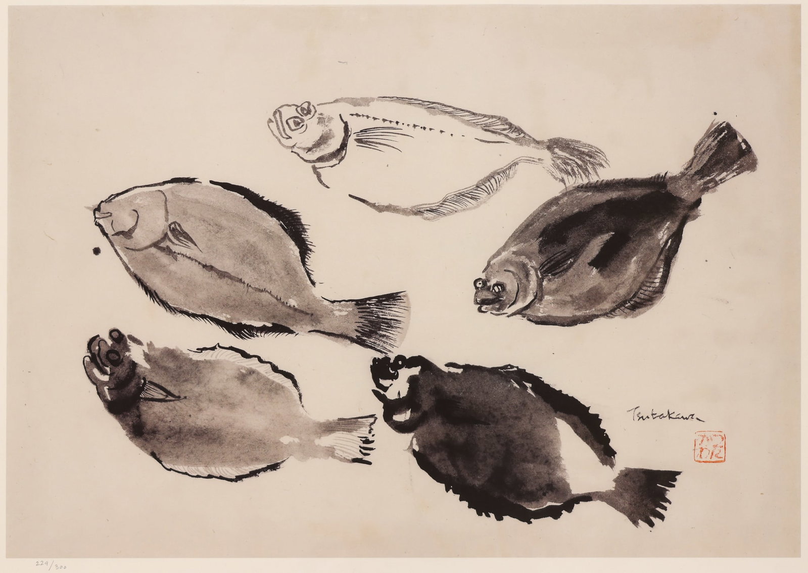 George Tsutakawa "Flounders" Offset Lithograph: George Tsutakawa (1910-1997 Washington) "Flounders" Offset Lithograph 12"x17" Image. Plate signed l.r. and numbered in pencil 229 of 300 edition lower margin. Framed 19.5"x24". Excellent condition wit