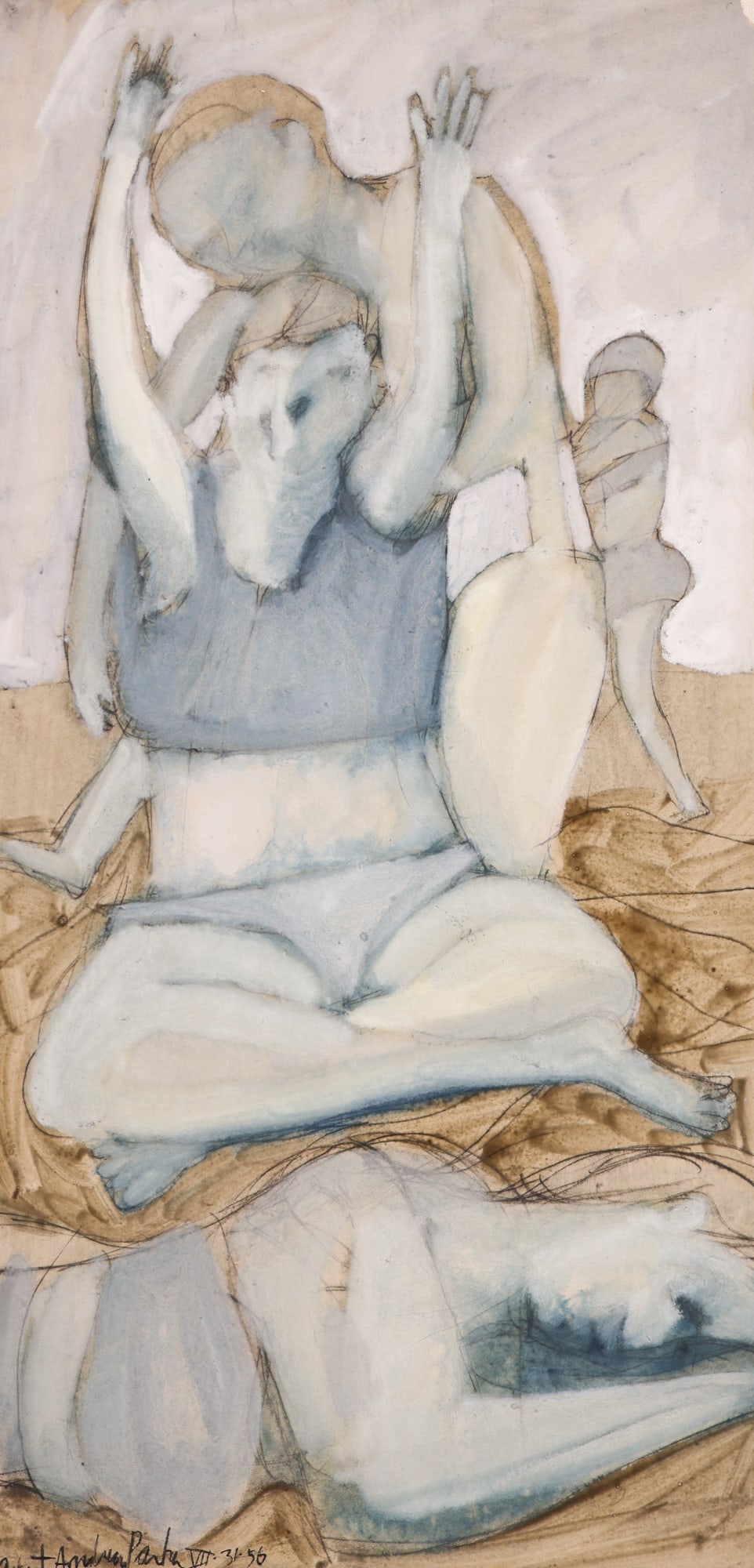 Robert Andrew Parker "Untitled" (Beach Figures) 1956 Watercolor and Ink: Robert Andrew Parker (1927-2024 American) "Untitled" (Beach Figures) 1956 Watercolor and Ink on Paper 29"x14" Image. Signed and dated lower left. Float mounted in gallery framing 36"x21". Excellent co