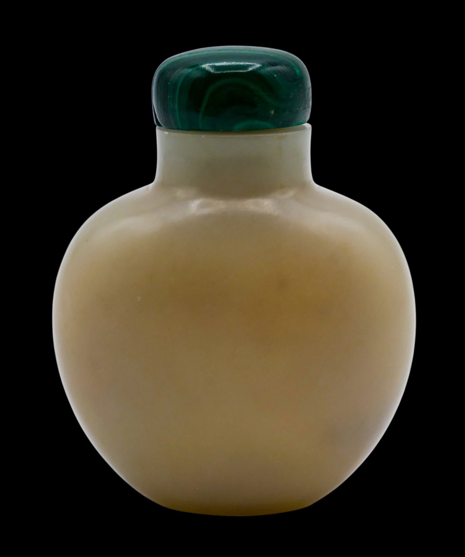 Old Chinese Celadon Jade Snuff Bottle: Old Chinese Celadon Jade Snuff Bottle 2.5"x2". Well hollowed form with malachite stopper. Some slight roughness to top edge. Overall excellent condition. 19th century, Qing dynasty.