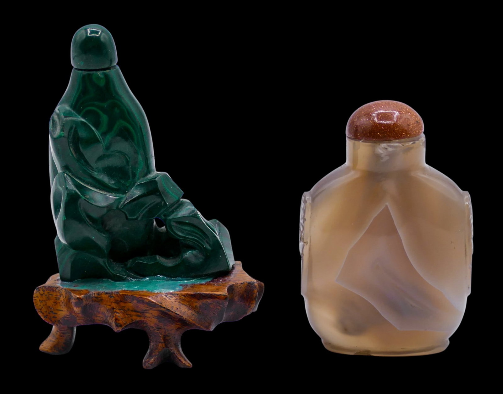 2pc Old Chinese Agate and Malachite Snuff Bottles (1 of 5)