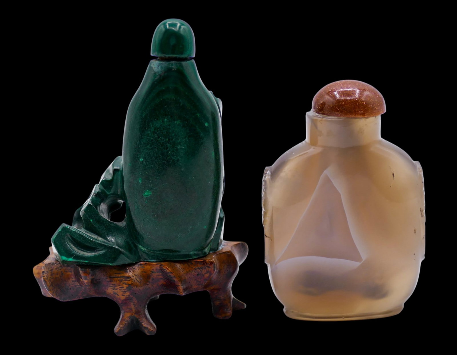 2pc Old Chinese Agate and Malachite Snuff Bottles - 2