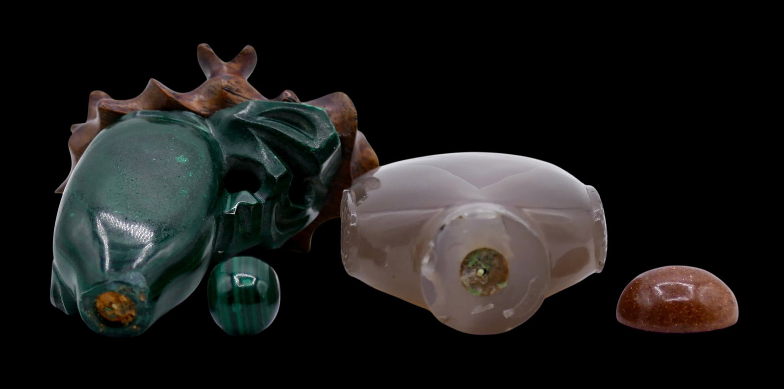 2pc Old Chinese Agate and Malachite Snuff Bottles - 5