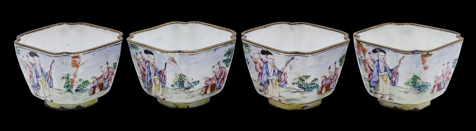 Set 4 Antique Chinese Peking Enamel Wine Cups: Set 4 Antique Chinese Peking Enamel Wine Cups 1.25"x1.75". Polychrome enameled with scholars and attendants in landscape. Each has some scattered side and edge chipping. 18th century, Qing dynasty.