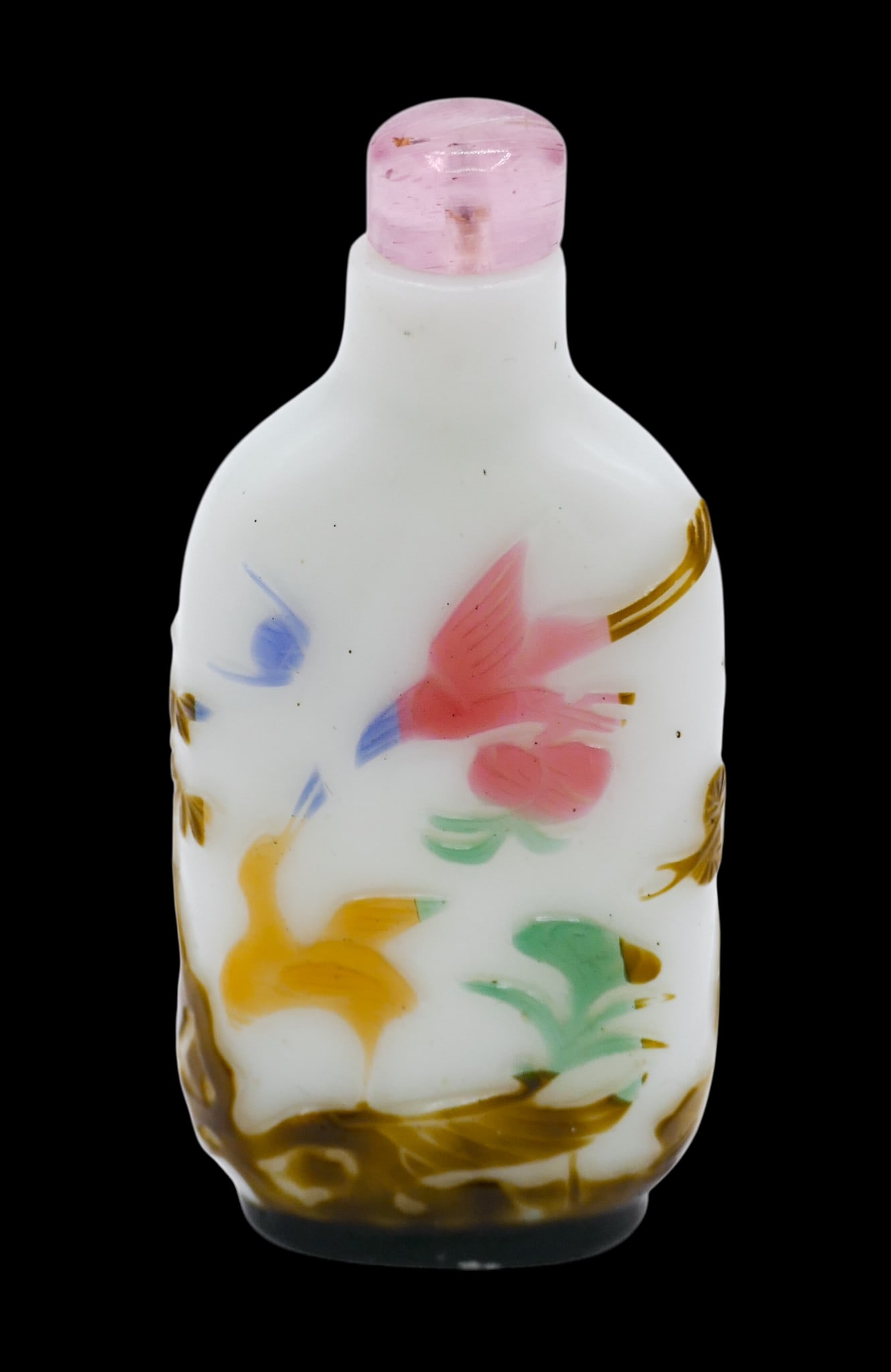 Old Chinese Five-Color Cut Overlay Peking Glass Snuff Bottle: Old Chinese Five-Color Cut Overlay Peking Glass Snuff Bottle 2.5"x1.25". Bat, birds, and fisherman motif. Excellent condition. 19th or early 20th century, Qing dynasty.