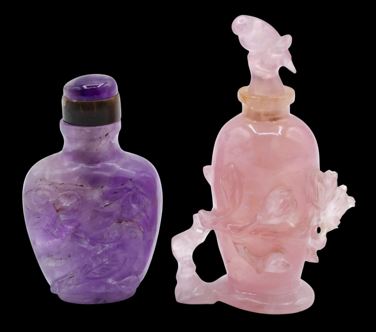 2pc Old Chinese Amethyst and Rose Quartz Snuff Bottles: 2pc Old Chinese Amethyst and Rose Quartz Snuff Bottles 2.75" to 3.5". Relief carved with bird and flower motifs. Rose quartz has an old repair to top edge. Overall excellent condition. 20th century.