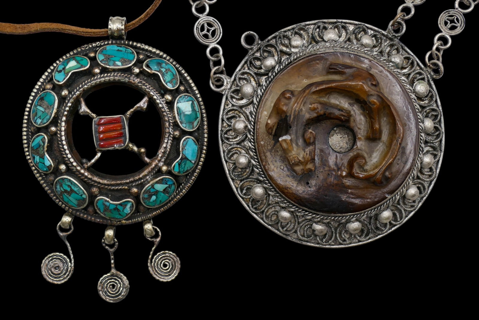 2pc Old Chinese or Tibetan Pendant Necklaces - 4