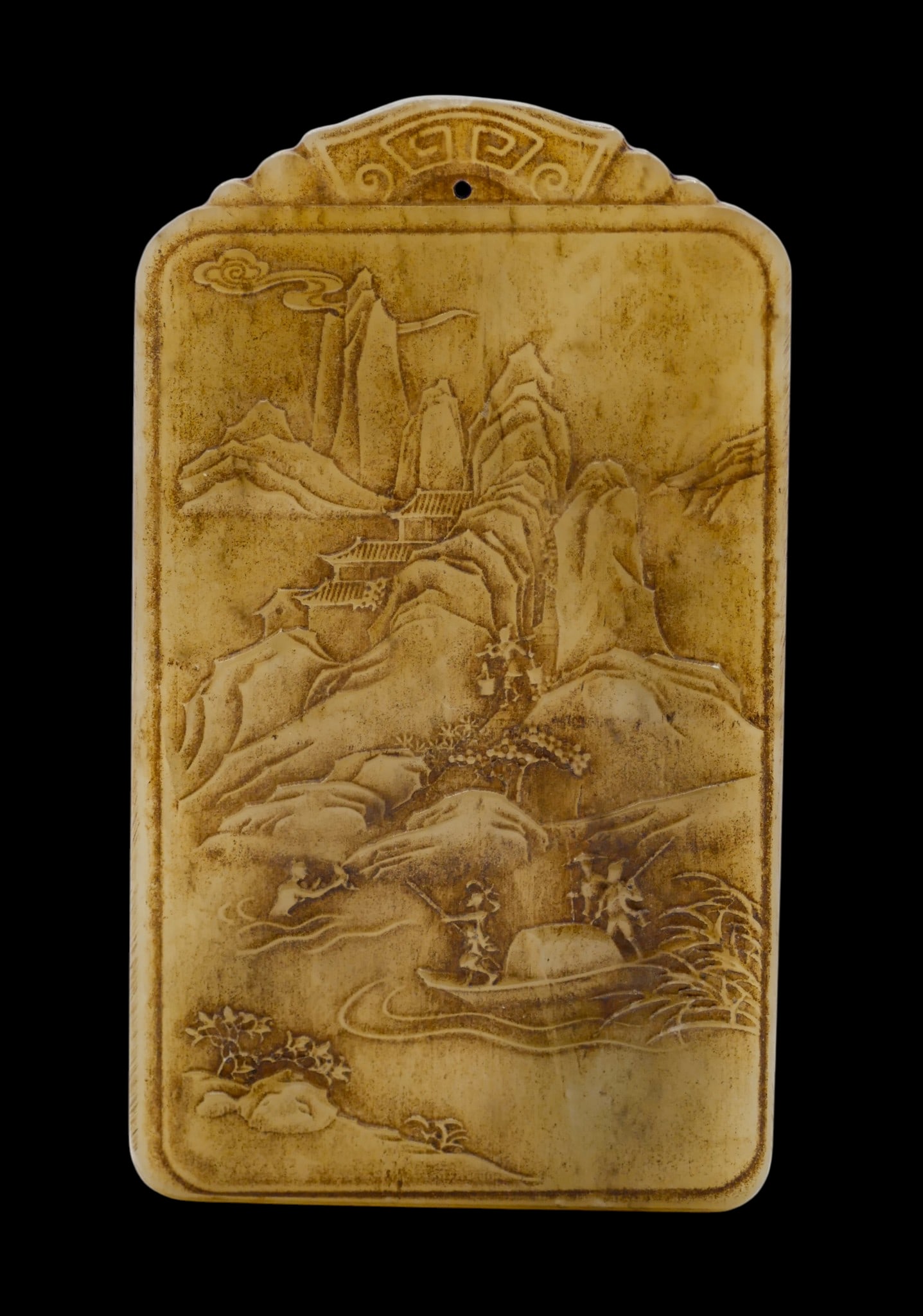 Old Chinese Jade Mountain Tablet Pendant: Old Chinese Jade Mountain Tablet Pendant 4"x2.5". Relief carved with calligraphy on verso. Slight edge flake on top center. Overall excellent condition.