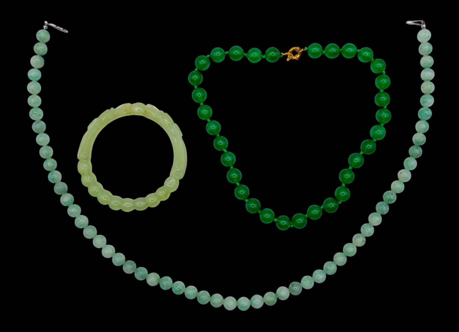 3pc Old Chinese Jade Bead Necklaces and Bangle Bracelet (1 of 3)