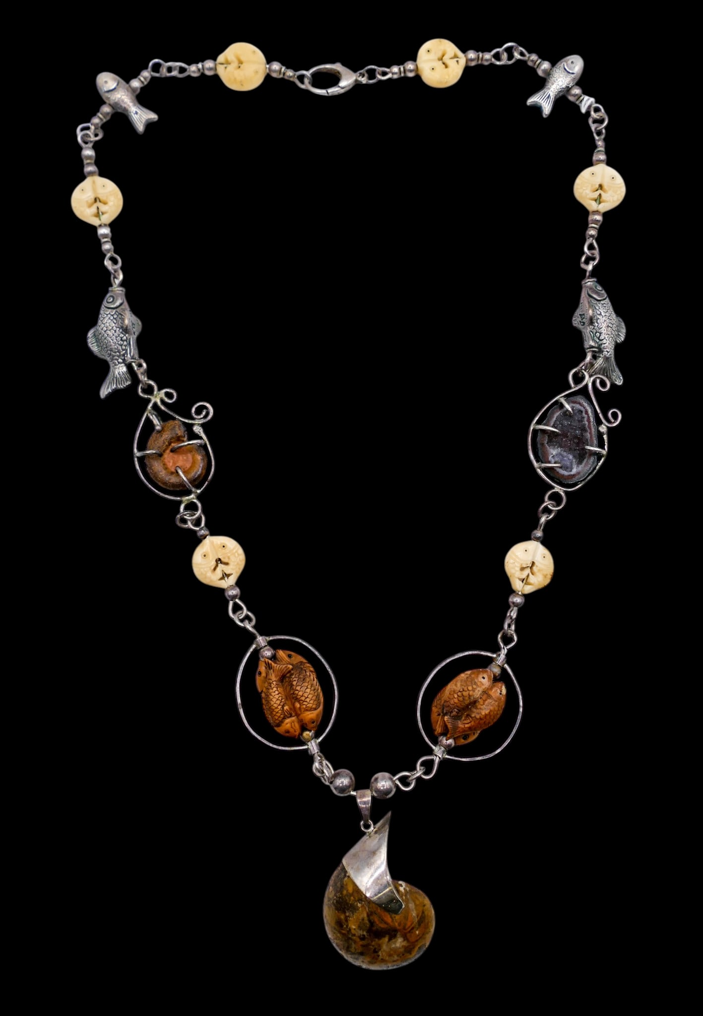 Chinese Twin Fish Bead, Fossil and Agate Art Necklace (1 of 2)