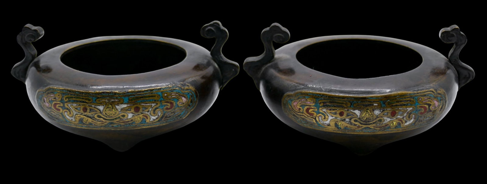 Pair Old Japanese Champleve Bronze Koro Small Censers: Pair Old Japanese Champleve Bronze Koro Small Censers 2"x4". Handled forms with taotie mask motifs. Overall excellent condition. Early 20th century.