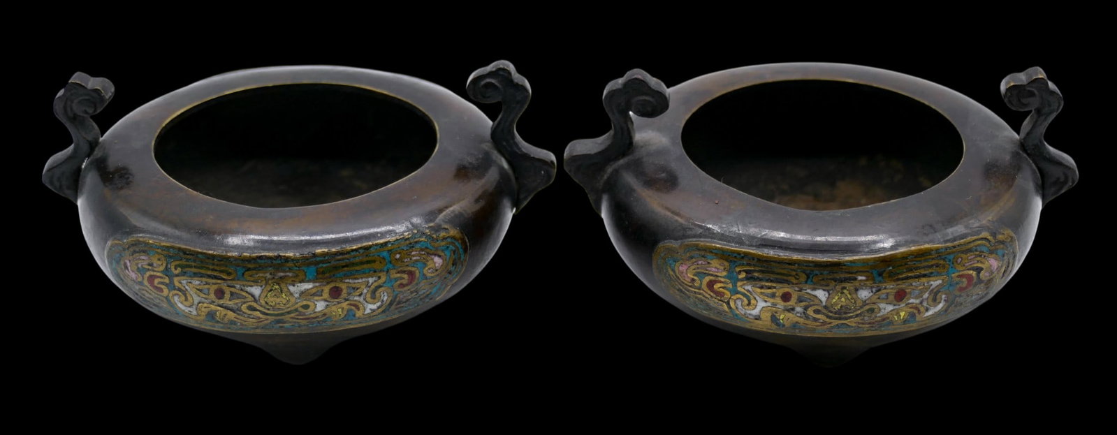 Pair Old Japanese Champleve Bronze Koro Small Censers - 2