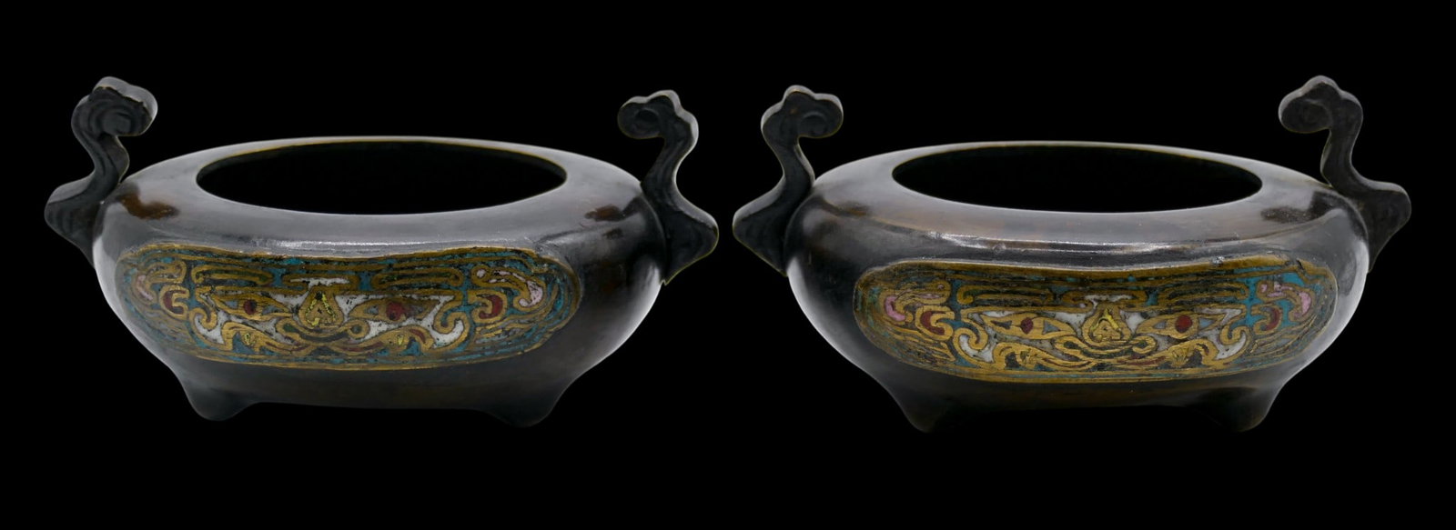 Pair Old Japanese Champleve Bronze Koro Small Censers - 3