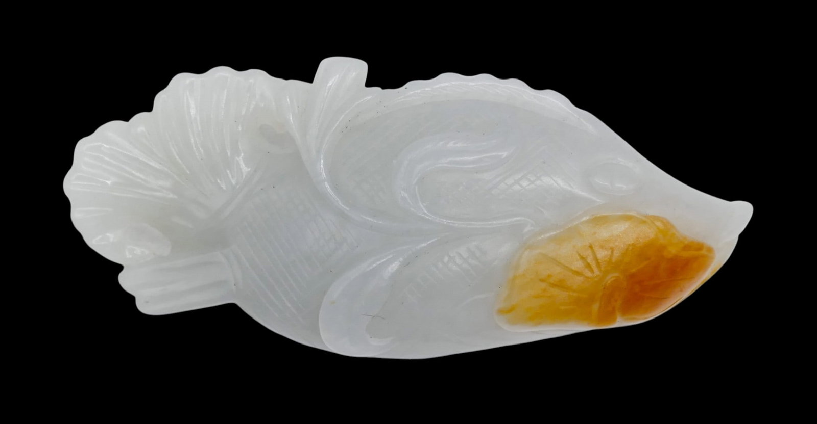 Chinese Russet Splash White Jade Small Carp: Chinese Russet Splash White Jade Small Carp 3.25". Russet skin on leaf. Excellent condition.