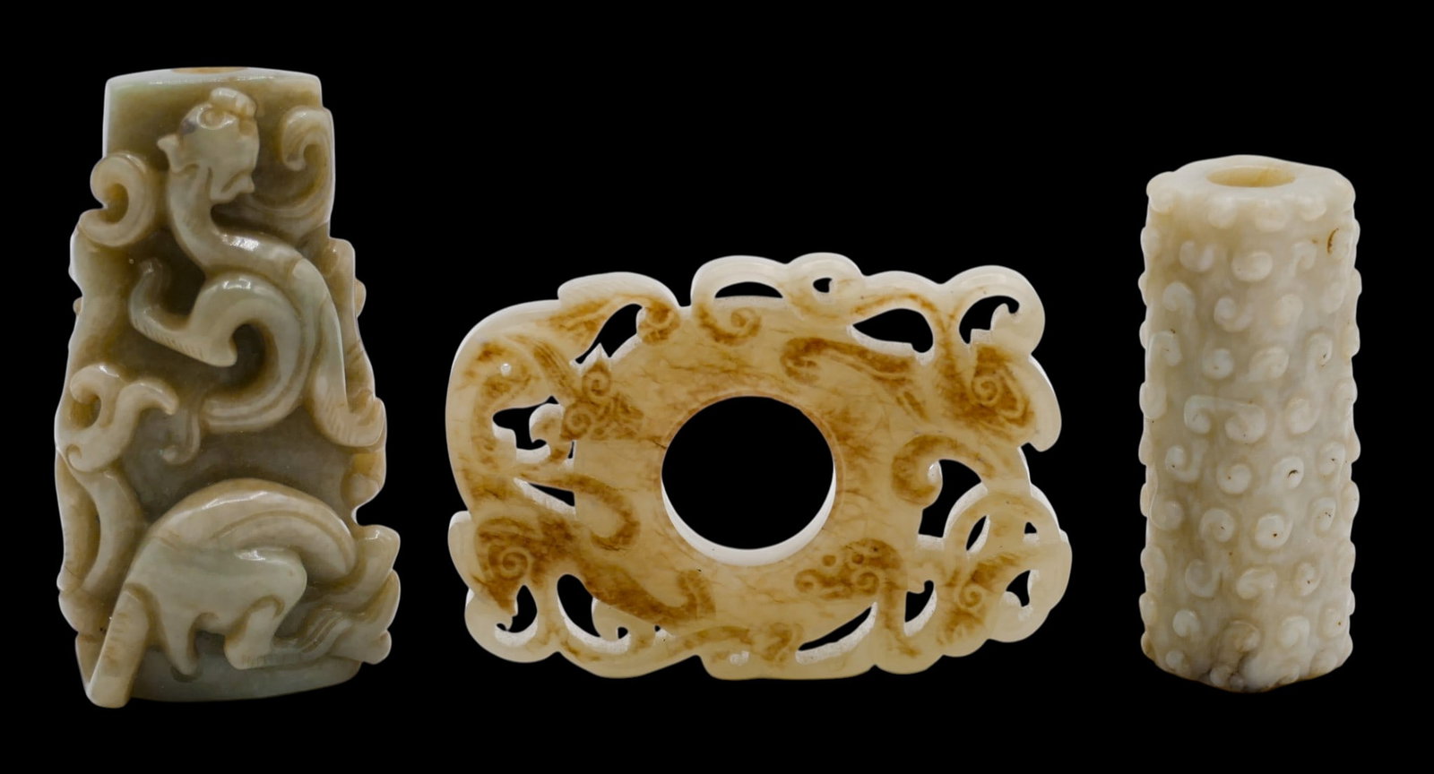 3pc Old Chinese Jade Chilong Pendant and Archaic Beads (1 of 4)