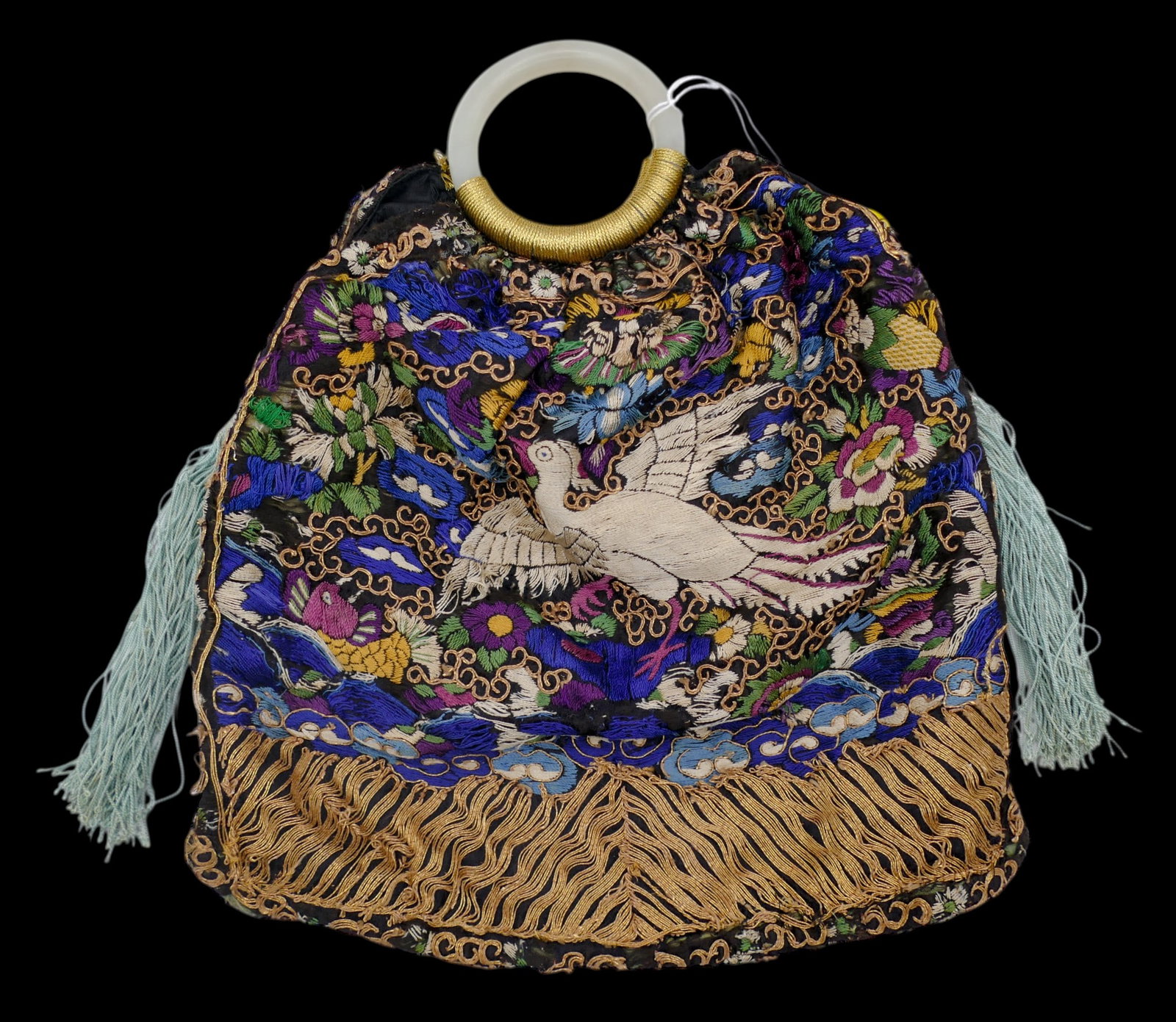 Old Chinese Jade Handled Mandarin Square Embroidered Bag: Old Chinese Jade Handled Mandarin Square Embroidered Bag 12"x10". White jade bangle handles with gold thread silk embroidered bird mandarin squares. Scattered edge fray with some minor loss.