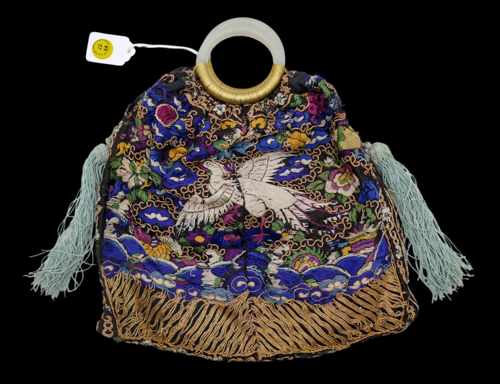 Old Chinese Jade Handled Mandarin Square Embroidered Bag - 2