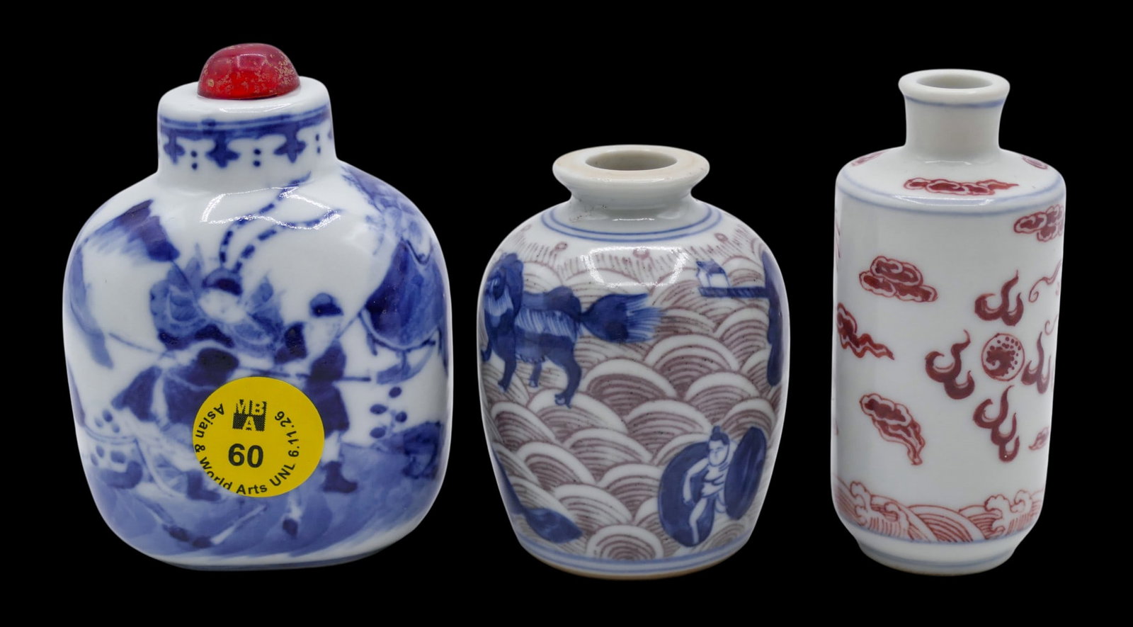 3pc Chinese Blue and Copper Red Porcelain Snuff Bottles - 2