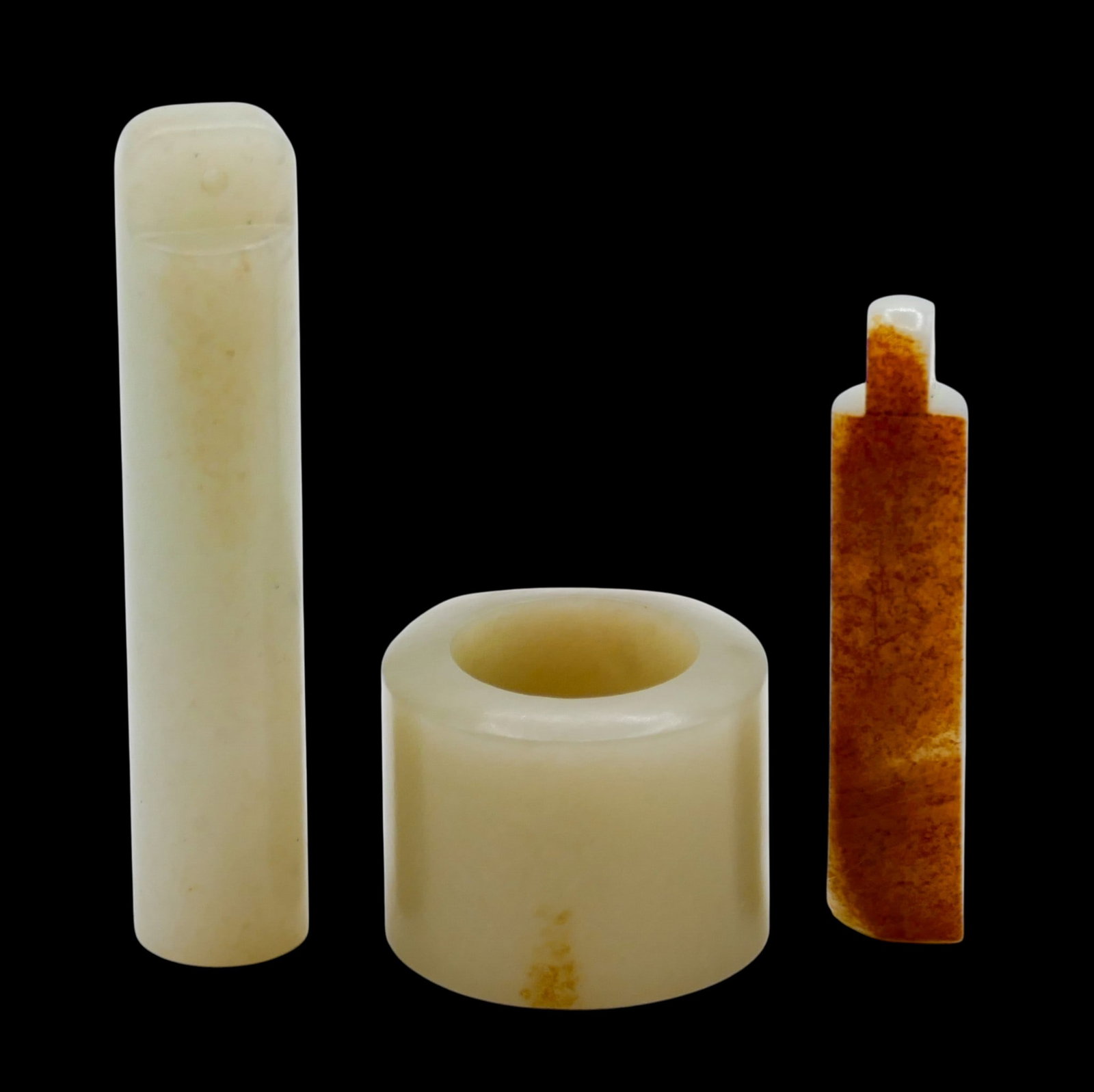 3pc Old Chinese Jade Archer's Thumb Ring and Arrow Tubes - 2
