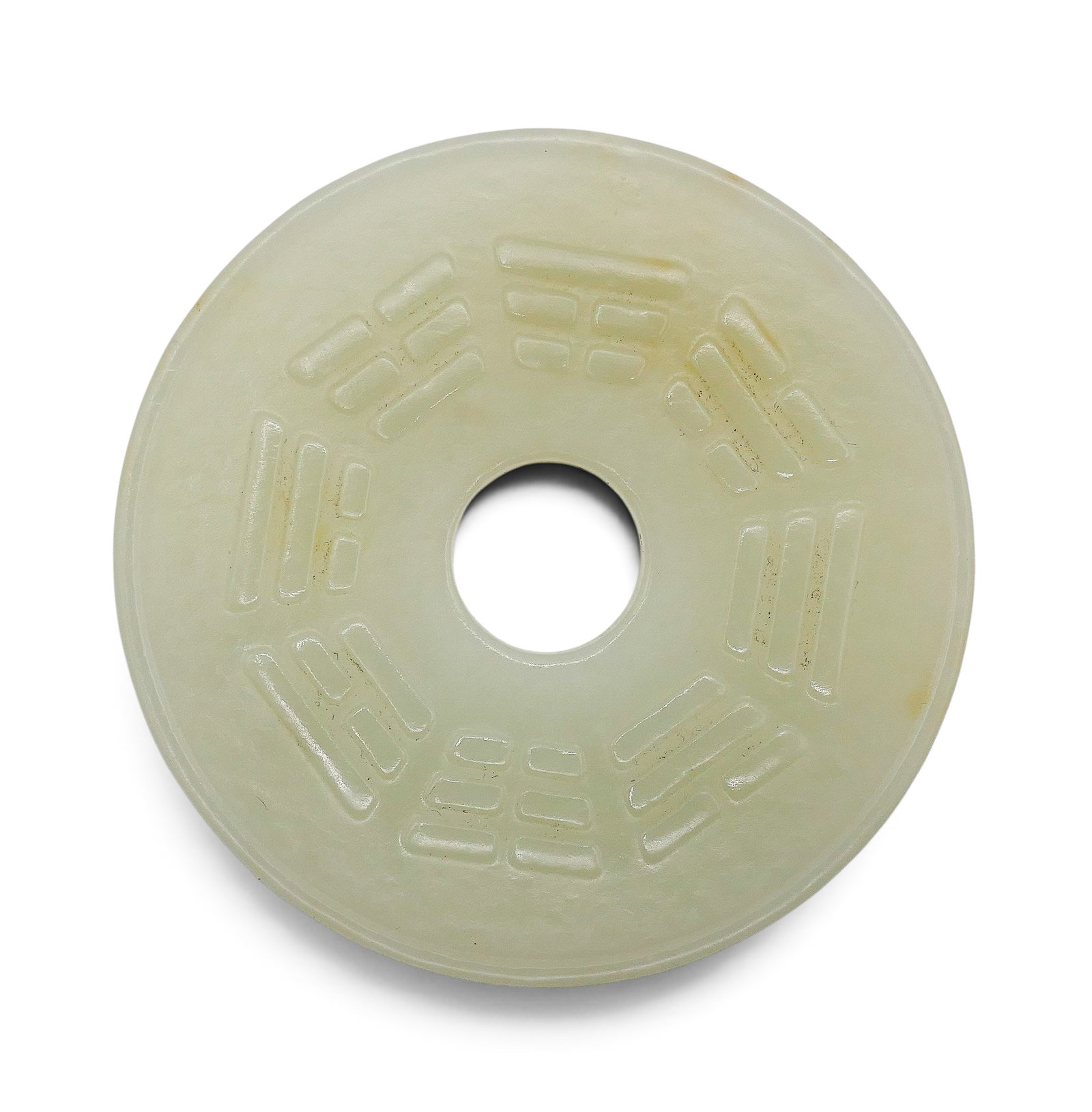 Old Chinese Jade Buddhist Trigram Bi Pendant: Old Chinese Jade Buddhist Trigram Bi Pendant 2.25". Relief carved with trigrams on both sides. Excellent condition.