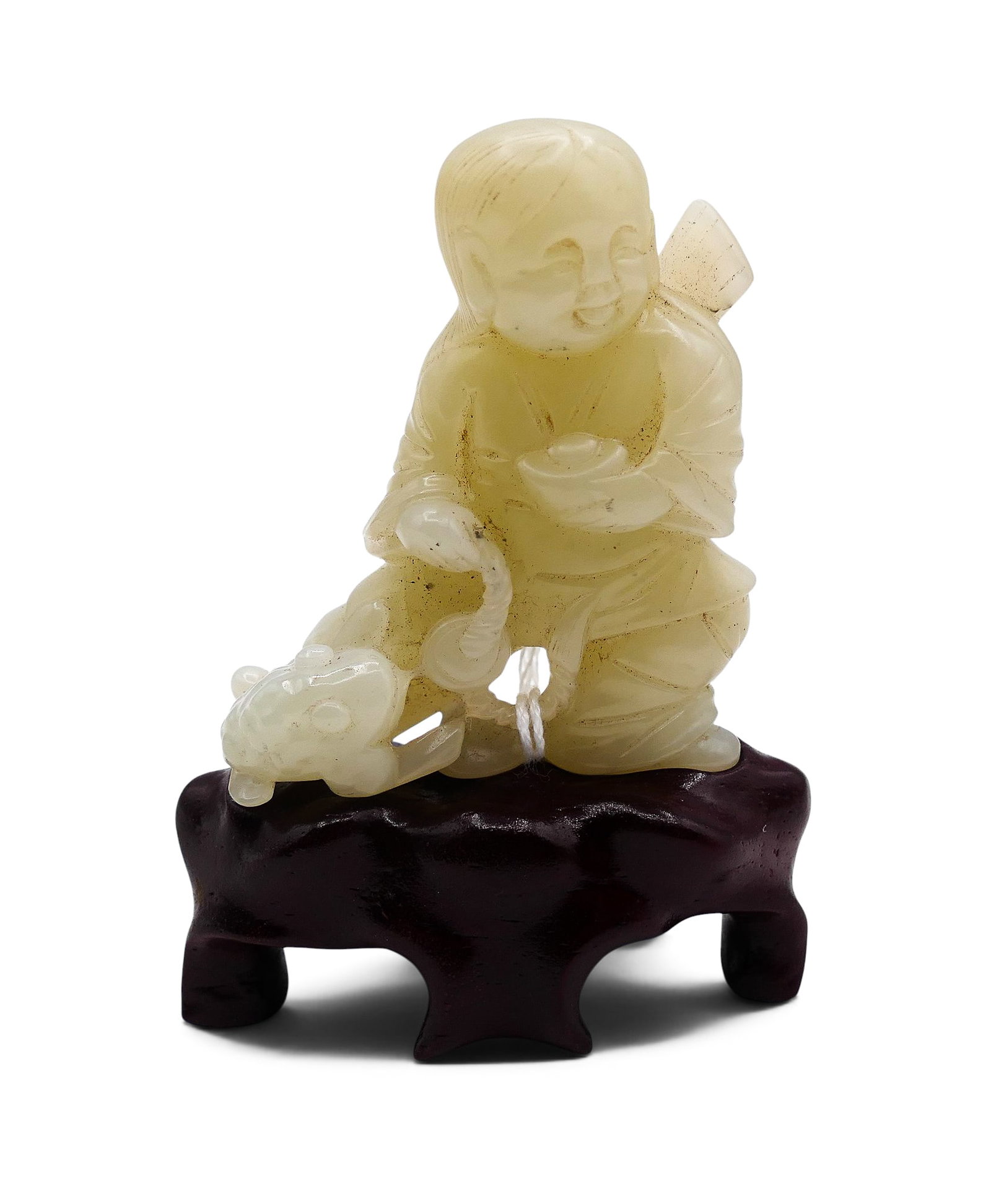 Old Chinese Jade Boy with Frog Carving on Stand: Old Chinese Jade Boy with Frog Carving on Stand 3"x2.25". Fitted rosewood stand. Measures 2"x1.75" by itself. Excellent condition.