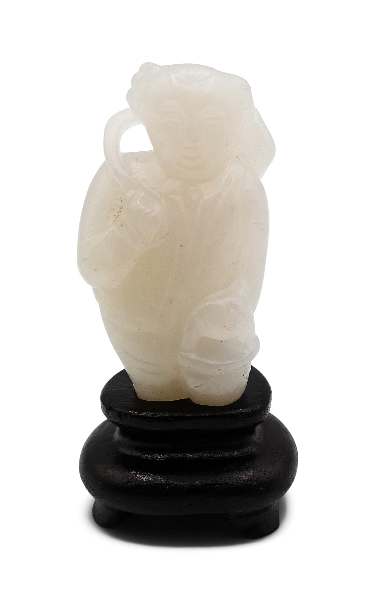 Old Chinese White Jade Small Boy on Stand: Old Chinese White Jade Small Boy on Stand 2". Translucent white jade boy holding a basket 1.5". Comes on fitted rosewood stand. Excellent condition.