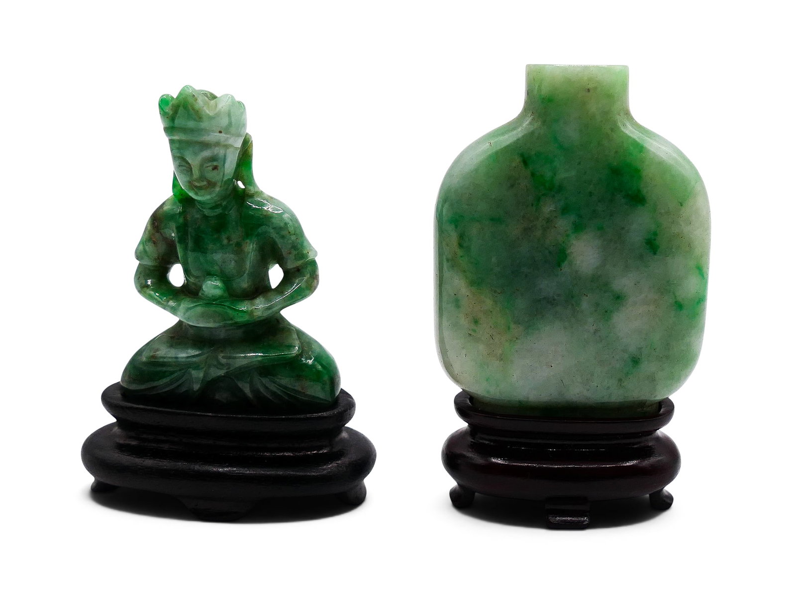 2pc Old Chinese Jadeite Snuff Bottle and Buddha on Stands: 2pc Old Chinese Jadeite Snuff Bottle and Buddha on Stands 2.5" Approx. Both carved with apple green veining. Fitted rosewood stands. Excellent condition.