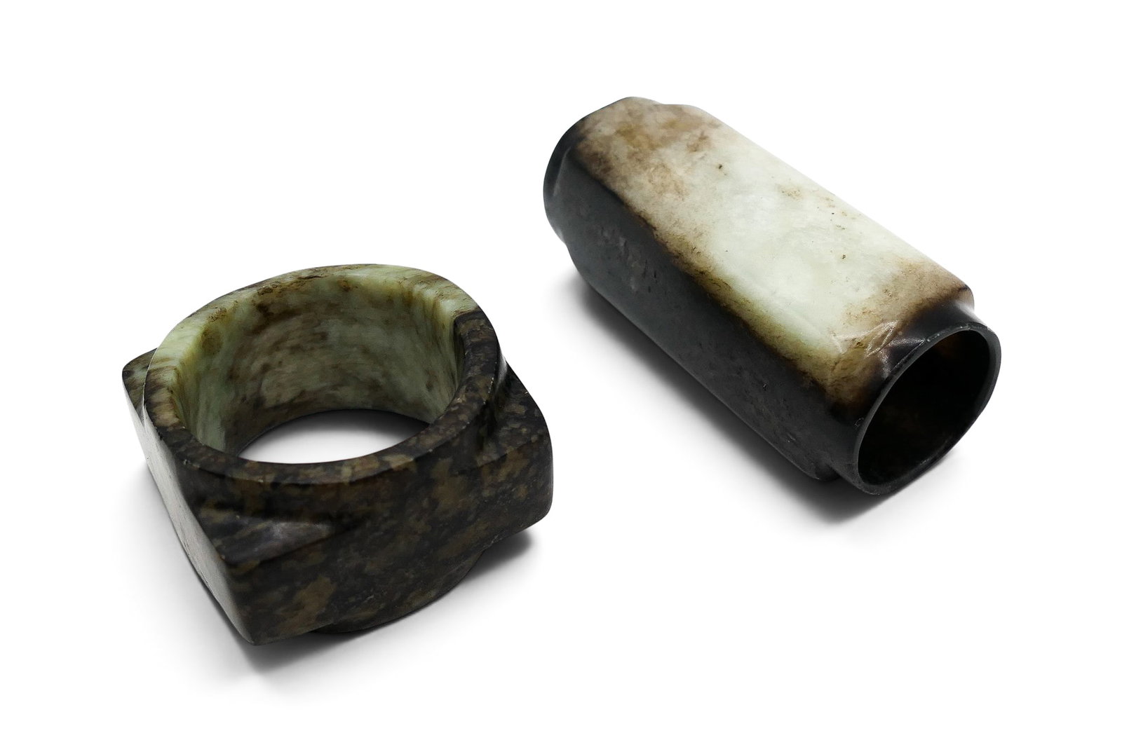 2pc Old Chinese Dark Jade Small Congs: 2pc Old Chinese Dark Jade Small Congs 1.5" to 3". Black with white and pale celadon coloring. Overall excellent condition.