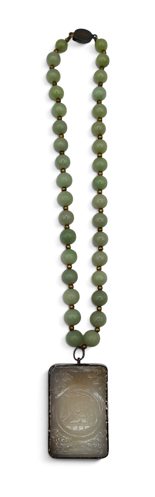 Old Chinese Jade Bead Necklace with Tablet Pendant: Old Chinese Jade Bead Necklace with Tablet Pendant 15". It has 4mm celadon beads with a whitish brown tablet pendant 2" with scholars. Overall excellent condition.